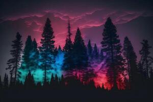 Beautiful winter forest at night and northern lights. Neural network photo