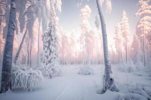 Pine trees covered with snow on frosty evening. Beautiful winter panorama. Neural network photo