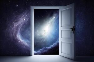 Outer space in dark room. Many stars and blue nebula behind door with glass. Abstract image of mind, dreams. Neural network photo