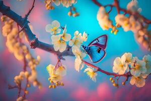 Blooming sakura and butterfly. Neural network photo