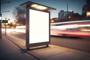 Blank advertising light box on bus stop, mockup of empty ad billboard on night bus station, template banner on background city street for text. Neural network photo