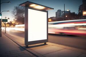 blanco publicidad ligero caja en autobús detener, Bosquejo de vacío anuncio cartelera en noche autobús estación, modelo bandera en antecedentes ciudad calle para texto. neural red ai generado foto