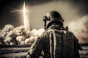 soldado en frente de un balístico misil lanzamiento. neural red ai generado foto