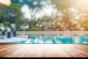 Empty wooden table in front with blurred background of swimming pool. Neural network photo