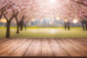 Spring seasonal of pink sakura branch with wooden table stand, flower background. Neural network photo