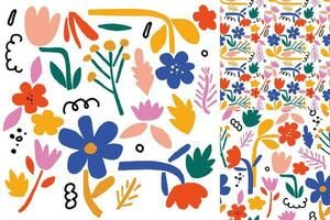 Abstract Floral Hand Drawn Elements Seamless Pattern Vector Set