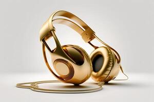 Golden headphones on a white background. Neural network photo