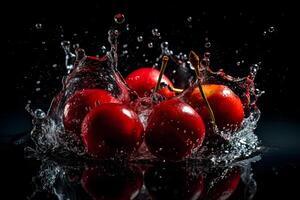 Cherries in a splash of water on a black background. Neural network photo