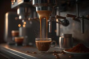 Coffee made in professional espresso machine pouring into a cup. Neural network photo