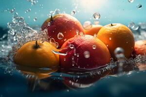 Tropical fruits fall deeply under water with a big splash. Neural network photo