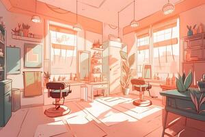 Sketch visualization of the interior of a beauty studio in coral colors. Neural network photo