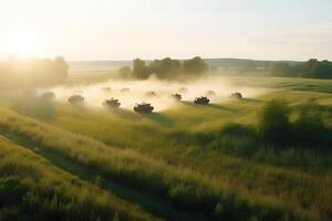 militar o Ejército tanque Listo a ataque y Moviente terminado un abandonado batalla campo terreno. neural red ai generado foto