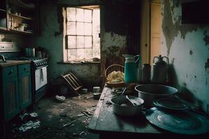 Compulsive Hoarding Syndrom - messy kitchen with pile of dirty dishes. Neural network photo