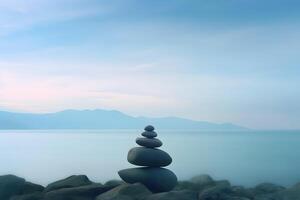 Pyramid stones balance on the sand of the beach. The object is in focus, the background is blurred. Neural network photo