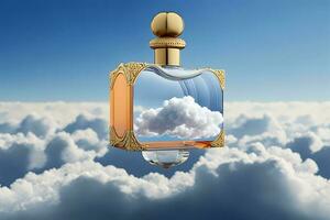 beautiful perfume bottle against the background of the sky and clouds. Neural network generated art photo