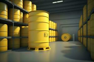 Radioactive waste in barrels, nuclear waste repository. Neural network generated art photo