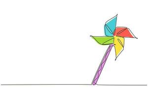 Single continuous line drawing paper windmill. Origami paper windmill. Playing equipment depicting toy pinwheel. Children's toy rotating in the wind. One line draw graphic design vector illustration