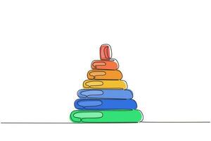 Pirámide de juguete de plástico para niños con dibujo de una sola línea continua. icono de juguete piramidal, juguete de anillo apilable para niños. Pirámide infantil o juguete de anillos de pila. ilustración de vector de diseño gráfico de dibujo de una línea