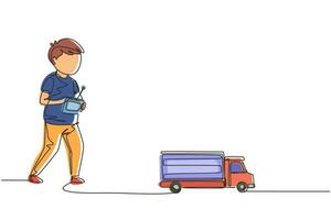 Single continuous line drawing boy playing with remote-controlled cargo truck toy. Cute kids playing with electronic toy cargo truck with remote control in hands. One line draw graphic design vector