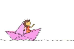 Single continuous line drawing cute smiling little girl sailing on paper boat. Happy smiling kid having fun and playing sailor in imaginary world. One line draw graphic design vector illustration