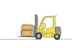 Continuous one line drawing forklift truck with boxes. Heavy automobile. Construction industry and machinery concept. Children's toy forklift truck. Single line draw design vector graphic illustration