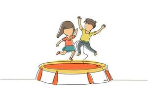 Continuous one line drawing happy girl and boy jumping together on trampoline. Cute little kids jumping on round trampoline. Active children's outdoors games. Single line draw design vector graphic