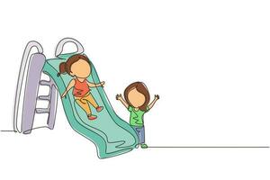 Single one line drawing smiling preschool girl sliding down slide and happy friend seeing her on side of slide. Kids playing together on playground. Modern continuous line draw design graphic vector