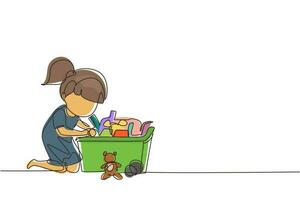 dibujo de una línea continua niña poniendo sus juguetes en la caja. niños haciendo tareas domésticas en el concepto de hogar. niño sonriente guardando sus juguetes en una caja. ilustración gráfica de vector de diseño de línea única