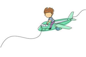 Single continuous line drawing cute little boy riding plane. Happy kids on airplane. Children riding airplane, summer journey, travel concept. Dynamic one line draw graphic design vector illustration