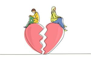 Continuous one line drawing relationship break up, broken heart, couple facing opposite direction. Arabian couple sitting on big broken heart shape. Single line draw design vector graphic illustration