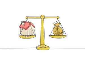 Single one line drawing house money sack scales concept with house on one side and sack of money on the other. Sale and purchase concept. Modern continuous line draw design graphic vector illustration
