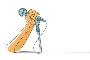 Continuous one line drawing singer using microphone. Karaoke people sings the song to microphone. Stand up comedian holding microphone in his hand. Single line draw design vector graphic illustration