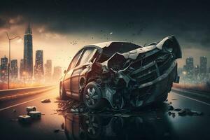 Car accident concept with car collision on city highway road. Neural network generated art photo