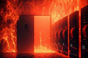 Disaster in server room or data center storage room on fire burning. Neural network generated art photo