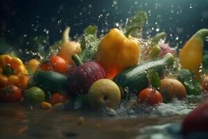 Vegetables splash in water on black background. Neural network photo