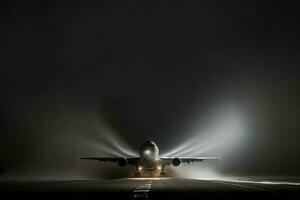 grande pasajero avión tierras en aeropuerto a noche. neural red generado Arte foto