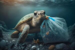 Underwater concept of global problem with plastic rubbish floating in the oceans. Hawksbill turtle in caption of plastic bag. Neural network photo