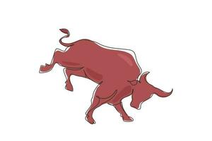 Single continuous line drawing wild bull attack. Elegance buffalo for conservation national park logo identity. Big strong bull mascot concept for rodeo show. One line draw graphic design vector