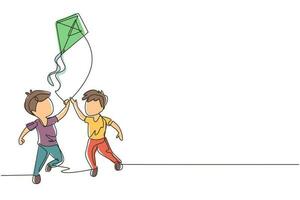 Continuous one line drawing two boy playing to fly kite up into the sky at outdoor field. Kids  playing kite in playground. Children with kites game and they look happy. Single line draw design vector