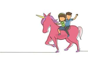 Single continuous line drawing happy cute boy and girl riding cute unicorn together. Children sitting on back unicorn in fairy tale dream. Kids learning to ride unicorn. One line draw graphic vector