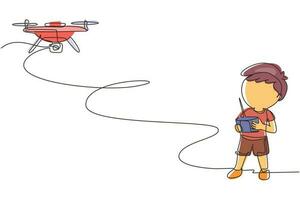 niño de dibujo de una sola línea con dron de control remoto. niño jugando con quadcopter. niño feliz controlando el drone de la cámara del robot volador. ilustración de vector gráfico de diseño de dibujo de línea continua moderna