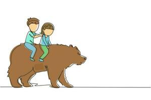 Continuous one line drawing happy boy and girl riding brown grizzly bear together. Children sitting on back big bear at circus event. Kids learning to ride beast animal. Single line draw design vector