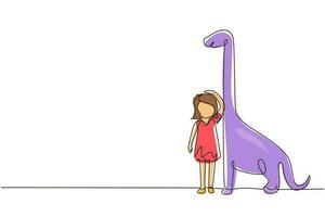 una sola línea dibujando a una niña midiendo su altura con un gráfico de altura de brontosaurio en la pared. el niño mide el crecimiento. niño midiendo altura. ilustración de vector gráfico de diseño de dibujo de línea continua