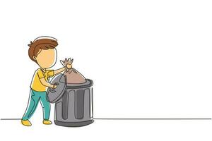 Continuous one line drawing little boy taking out the trash. Kids doing housework chores at home concept. Ecology themed. Eco education. Kids activities. Single line design vector graphic illustration