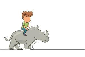 dibujo de una sola línea niño feliz montando rinoceronte rinoceronte. niño sentado en la espalda rinoceronte en el zoológico. niños aprendiendo a montar rinocerontes. ilustración de vector gráfico de diseño de dibujo de línea continua moderna