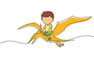 Single continuous line drawing boy riding flying dinosaur. Pterodactyl ride with young kid sitting on back of dinosaur and flying high in sky. Dynamic one line draw graphic design vector illustration
