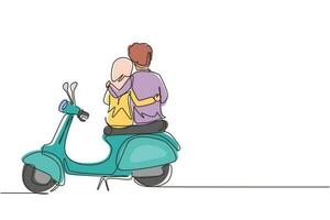 Continuous one line drawing back view Arabic riders couple trip travel relax. Romantic honeymoon moments with hugging. Man with woman riding scooter motorcycle. Single line draw design vector graphic