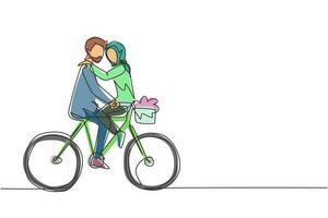 Single one line drawing young Arabian man and woman riding bicycle face to face. Happy romantic couple is riding bicycle together. Happy family. Continuous line draw design graphic vector illustration