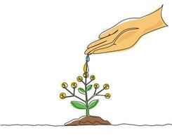 Single continuous line drawing hand nurturing and watering young money plants growing on fertile soil. Concept of money saving and investment. Dynamic one line draw graphic design vector illustration