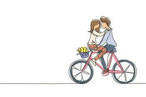 Continuous one line drawing happy young man and woman riding bicycle face to face. Happy romantic couple is riding bicycle together. Happy family. Single line draw design vector graphic illustration